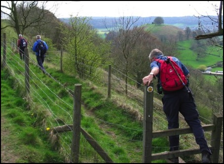 Peter, Mick and me, navigating a stile, as we descend from Uley Bury.